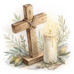 A charming watercolor cross illustration featuring blooming roses in shades of pink and cream