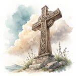 A peaceful image of a wooden cross adorned with white lilies and gentle rays of sunlight