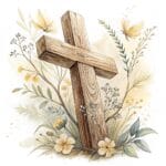 A beautiful floral cross design showcasing vibrant yellow and purple blooms against a light background