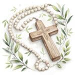 A serene illustration of a cross surrounded by gentle blue doves and leafy green accents