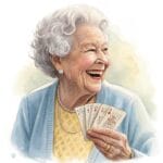 A whimsical representation of a group of senior women enjoying each other's company while playing cards in a cozy living space