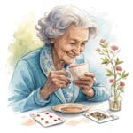 A colorful portrayal of elderly friends engaging in a friendly card game with vintage decor in the background