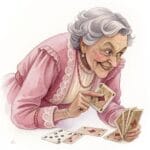 A whimsical scene featuring an elderly woman in a floral dress focused on her hand of cards with a warm smile