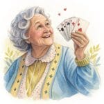 A charming illustration of two senior women laughing together while enjoying a game of cards at a cozy table