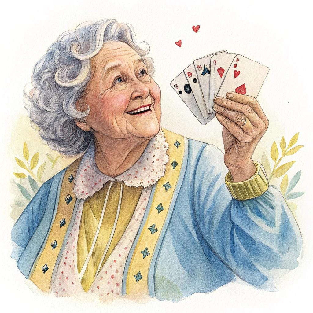 A charming illustration of two senior women laughing together while enjoying a game of cards at a cozy table