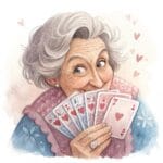 A delightful depiction of a group of elderly ladies sharing a lighthearted moment over a card game in a sunny room