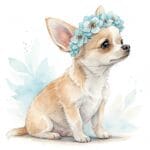 A whimsical Chihuahua lounges on a bed of pastel petals with a joyful expression