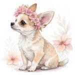 A charming Chihuahua stands proudly in front of a backdrop of vibrant blossoms and greenery