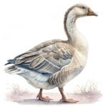 A charming goose nestled in a field of colorful wildflowers with a soft blue sky backdrop