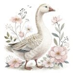 A content goose resting on a patch of grass with whimsical floral designs framing the scene