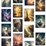 A mystical celestial print featuring radiant stars scattered across a dreamy dark background
