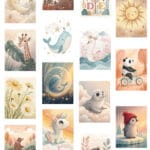 A delightful bunny wall art piece showcasing gentle pastel colors with a backdrop of whimsical clouds