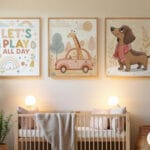 An adorable fox design in soft orange and cream colors nestled among light lavender flowers