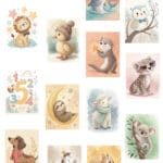 A charming giraffe art print featuring soft yellow and brown tones with a serene blue background
