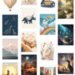 A dreamy landscape illustration showcasing a serene mountain scene painted in soft blues and warm earth tones