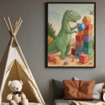 A whimsical nursery wall art print featuring a playful fox surrounded by pastel flowers and gentle greenery